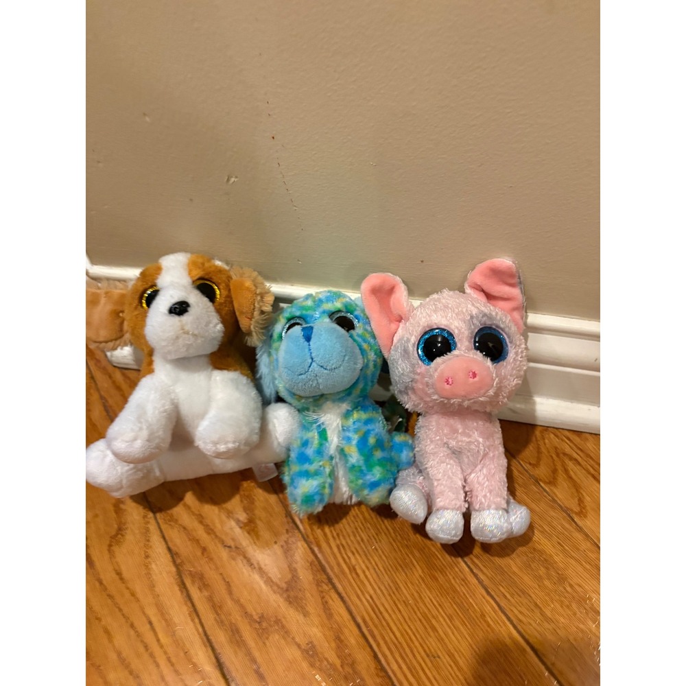 Bundle 3 Ty Beanie Boos Plush Dog Set Barkar Blue Sparkle Puppy Piglet Glitter‎